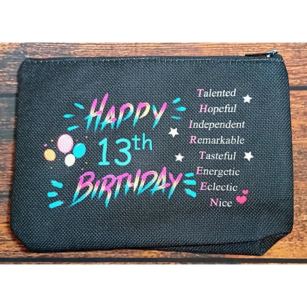 Happy 13th Birthday Makeup Bag Black Zipper‎ Pouch Inspirational Gift for Teens